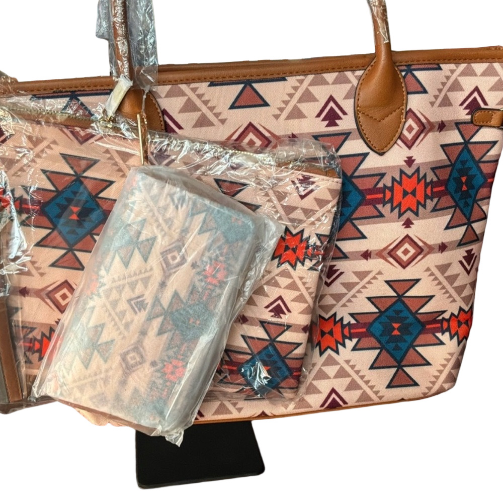 Vegan Leather Pattern Tote and Pouch Set